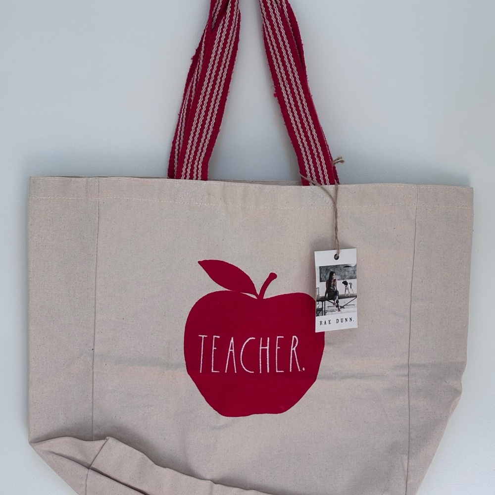 Rae Dunn Cream Canvas Tote with Red Apple Graphic and Red Striped Handles